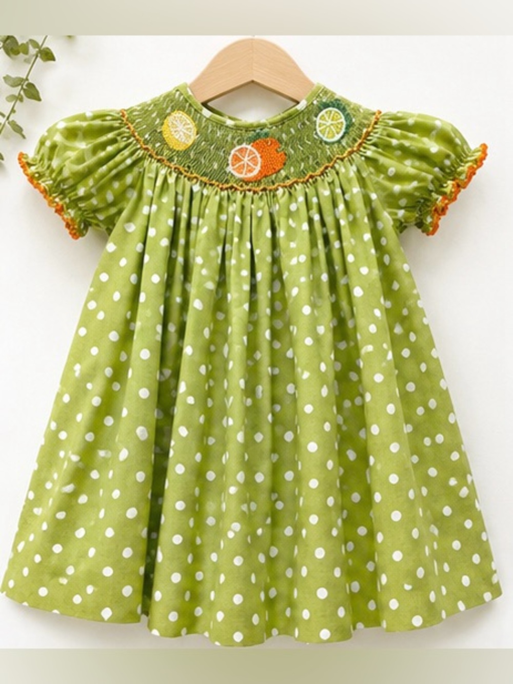 Ginger Hare Hand Smocked Citrus Bishop Dress 12M Green Polka Dot Boutique